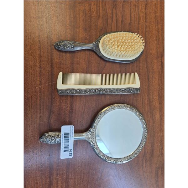 Silver-Plated Three-Piece Grooming Set with Brush, Mirror, and Comb