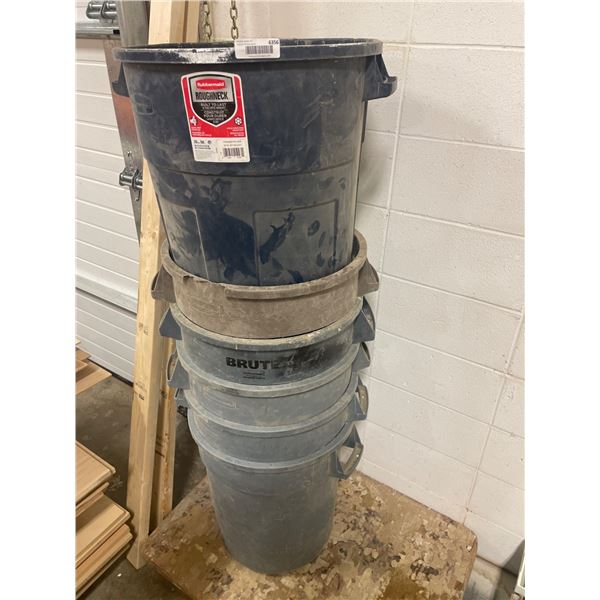 Lot of 6 Garbage Bins and 4 Wheel Rolling Wooden Dolly