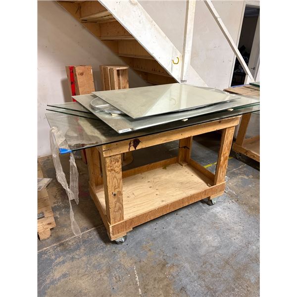 Industrial Rolling Wooden Cart with Glass Panels