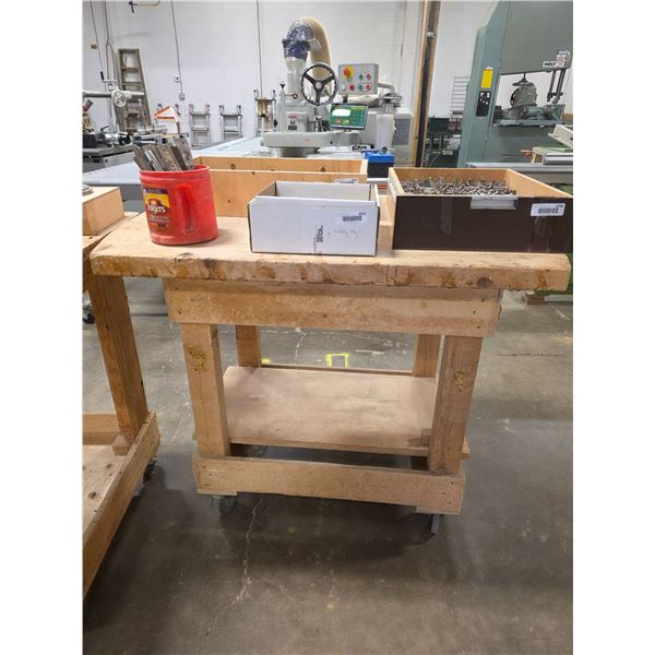 Wooden Mobile Workbench With Lower Shelf and Casters -no contents