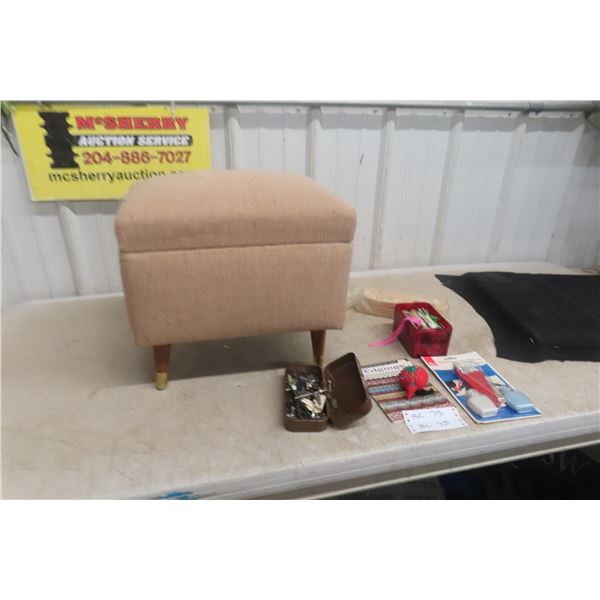 Sewing Stool w/ Hindged Top and Sewing Notions.