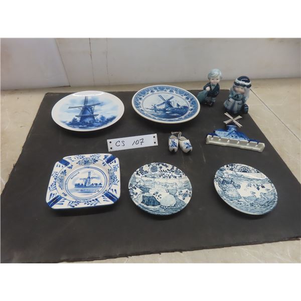 Nine-Piece Vintage Delft Blue Ceramic Plate Set With Windmill and Goldray Motifs
