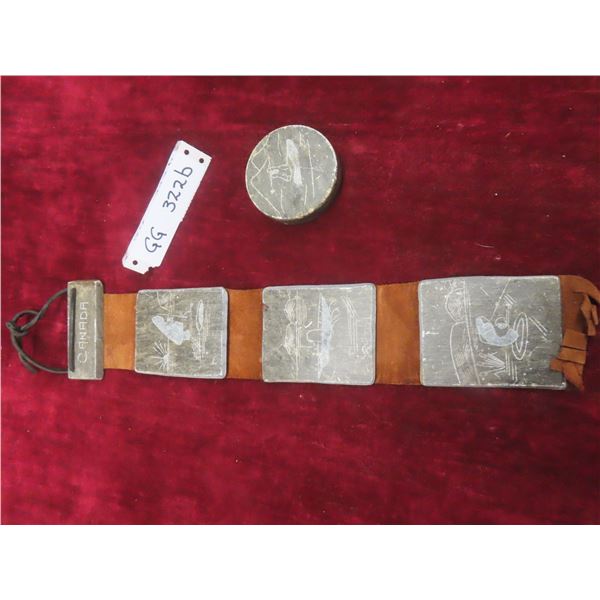 Wall Hanging with Carved Soapstone Tiles Mounted On Leather, 15" x 3 1/2",  Round Inuit Style Piece,