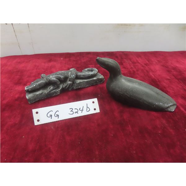 3 Soapstone Carvings: Lizard, 1 1/2" x 7" x 2" By P.Rick and Duck (Damage To Nose) 3 1/4" x 6 1/4" x