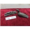 Image 1 : 3 Soapstone Carvings: Lizard, 1 1/2" x 7" x 2" By P.Rick and Duck (Damage To Nose) 3 1/4" x 6 1/4" x