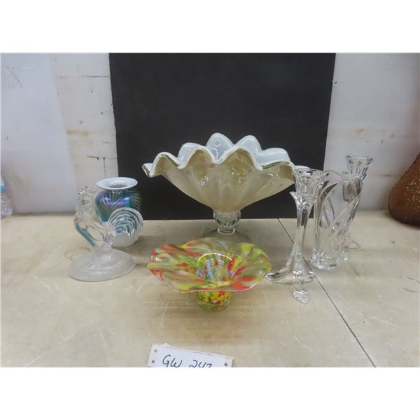 Crystal D'Arques Lead Crystal With Hand Blown Art Glass Vase And Ruffle Pedestal Centerpiece Bowl