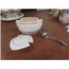 Image 14 : China Soup Tureen Set With Plate, Ladle, Creamers, Sugar Bowl, Salt And Pepper Shakers, Trivets And