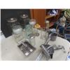 Image 1 : Glass Canister And Kitchenware Lot With Sugar Shaker, Sealer Jar, Creamer And Hand Pressed Juicer