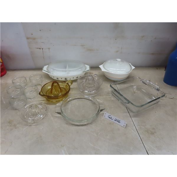 Pyrex And Anchor Glass Bakeware Lot With Casserole Dishes, Cake Pan, Juicer And Pie Plate