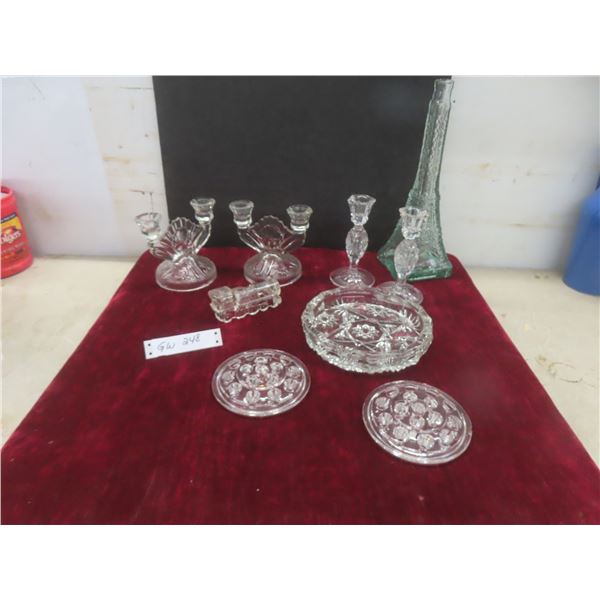Cut Glass Decor Lot With Candlestick Holders, Ashtray, Eiffel Tower Form And 14" Glass Flower Frog