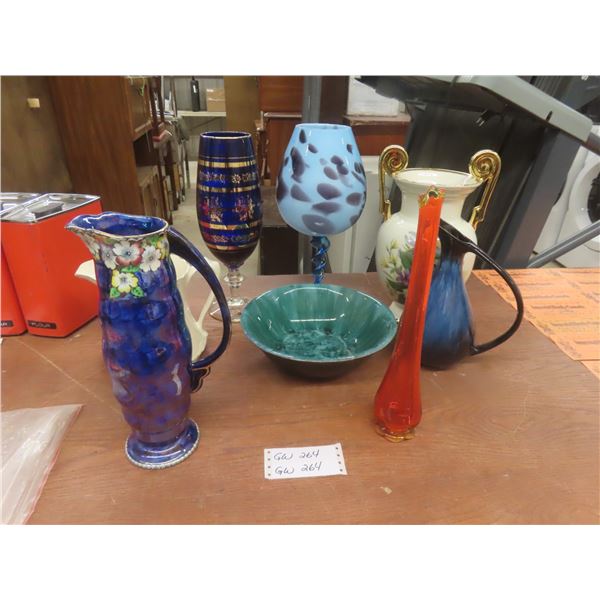 Art Glass And Ceramic Pitchers And Vases With Serving Bowl