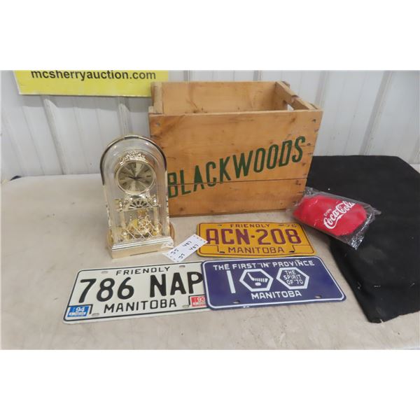 Blackwoods Crate, License Plate, Mantle Clock