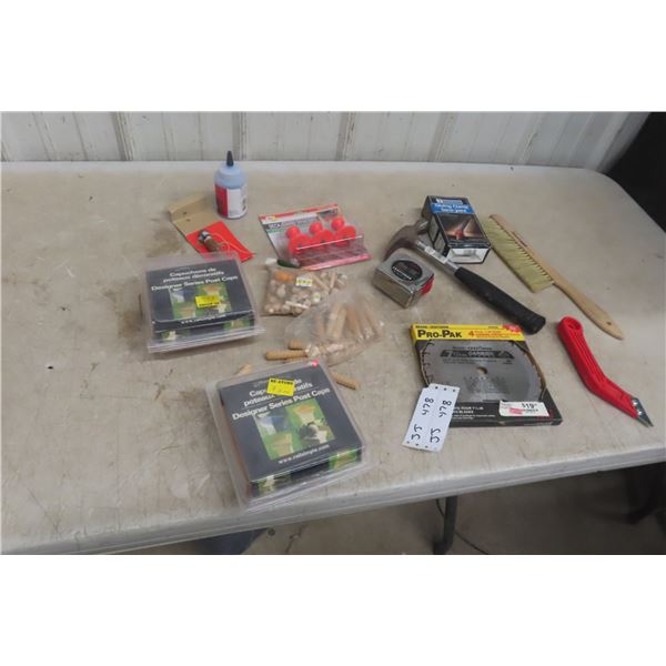 Hammer, Tape Measure, Dowels, Post Cap, Circular Saw Blades, Chalk Line