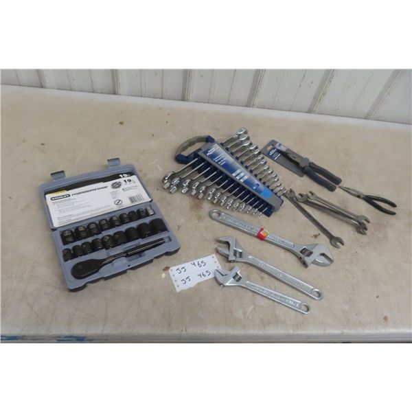 3/8 Standard Socket Set, Mastercraft 14-Piece Metric Wrench Set, Crescent Wrench Pliers, Mostly New
