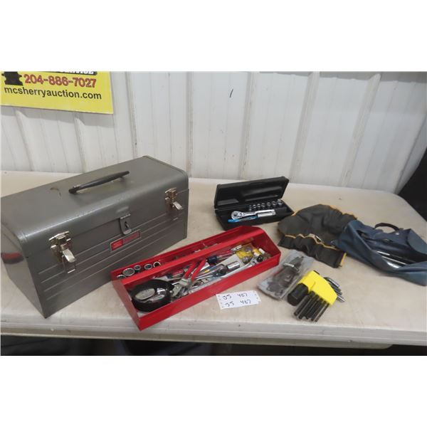 Metal Tool Box, Socket Set, Allen Wrenches, Pliers
