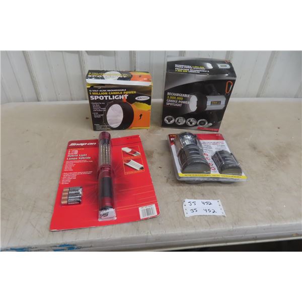 New Lighting, Two Spotlights, 1,000,000 and 300,000 Candle Power, Snap-On LED, Rechargeable Lantern