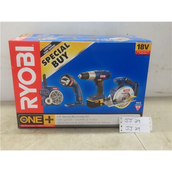 New Ryobi 18V Cordless Combo Kit Including 5 1/2" Circular Saw, 3/8" Drill, Radio, Flashlight, Char