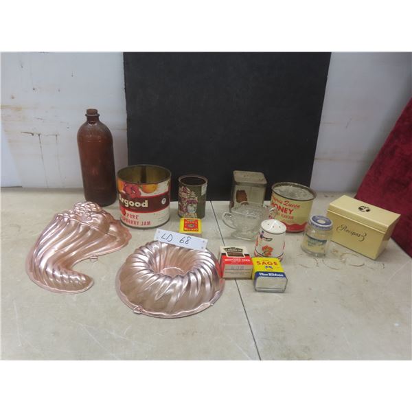Vintage Jello Molds, Javex Bottle, Jam, Honey, Tea, Mustard tins, Crystal Sugar Bowl, metal recipe