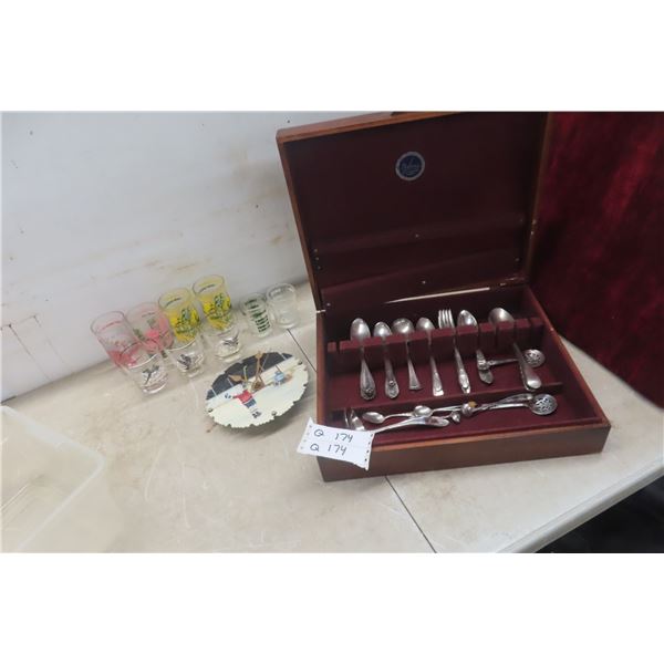 Chest of Flatware and Vintage Clock