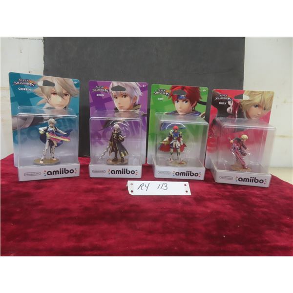 Four Factory Sealed Amiibo Figures: Shulk, Robin, Corrin, and Roy