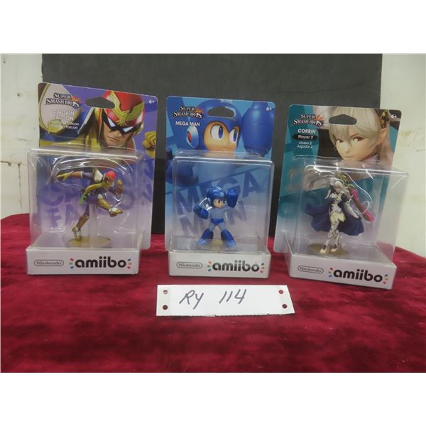 Three Factory Sealed Amiibo Figures: Corrin, Mega Man, and Captain Falcon