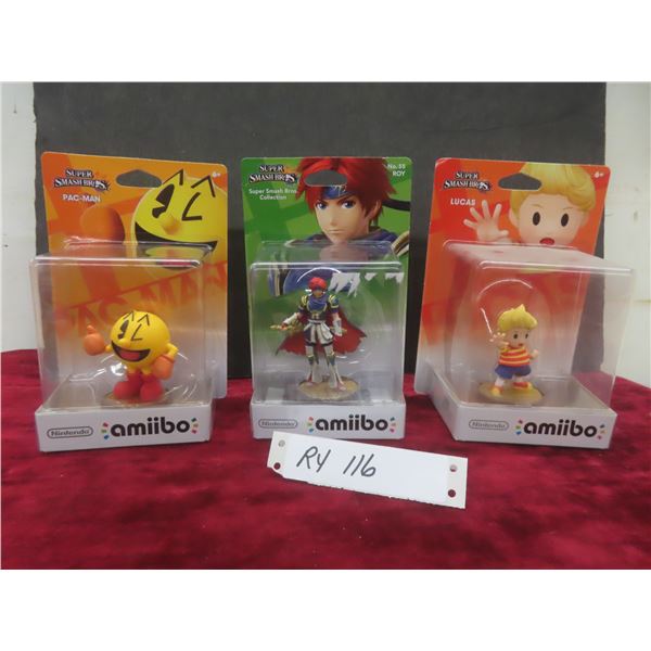 Three Factory Sealed Amiibo Figures: Pac-Man, Roy, and Lucas