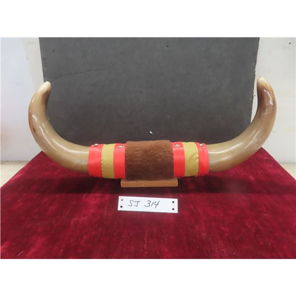 Polished Steer Horns Mounted On Wooden Base With Approximately 19" Spread