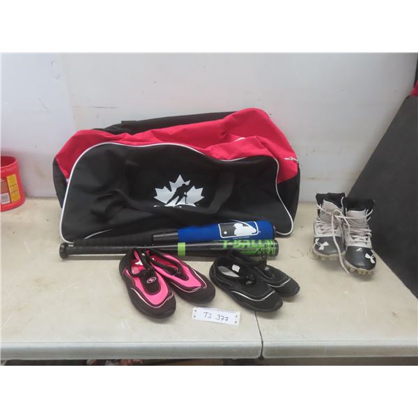Team Canada Duffle Bag With Youth Sports Gear, Bats, Cleats and Water Shoes