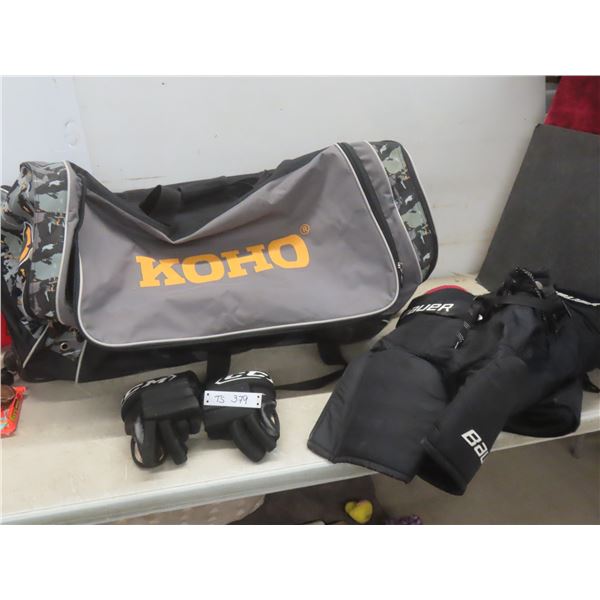 Wheeled Koho Hockey Bag With CCM Gloves And Two Pairs Of Bauer Hockey Shorts, Youth Medium