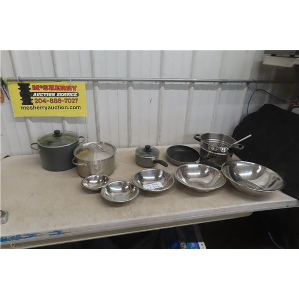 Set of Mixing Bowls and Pots and Pans, One Strainer