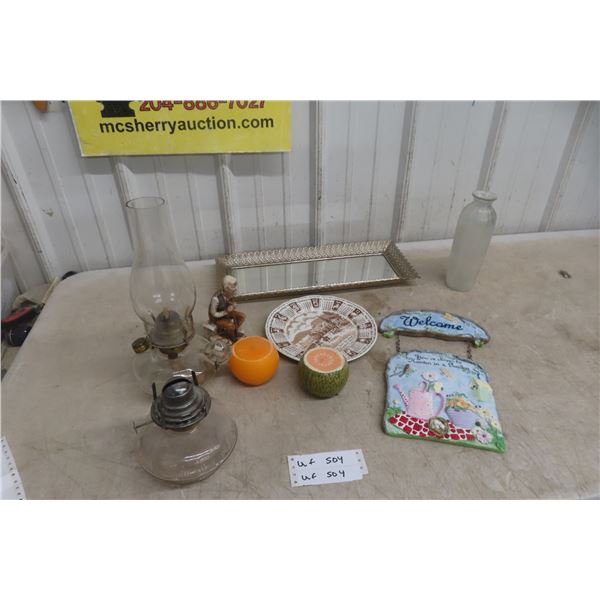 2 Coal Oil Lamps 1) Finger - Mirror, Welcome Sign, Calendar, Plate