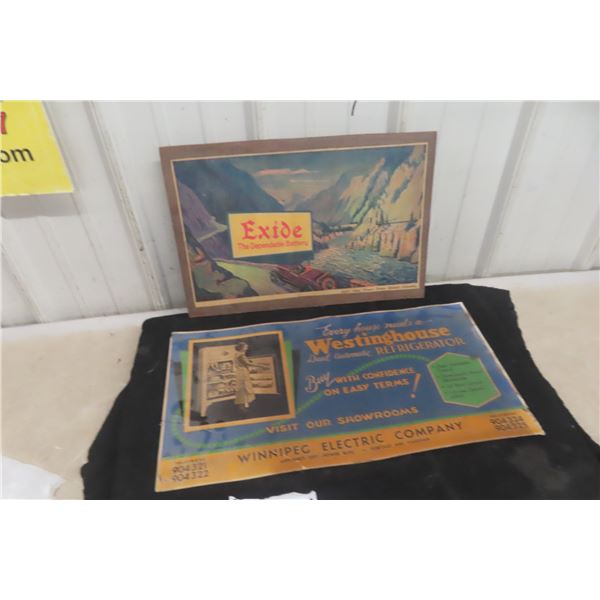 Cardboard Vintage Advertising Signs, Exide Battery 12" x 17 1/2" and Westing House 11" x 21"