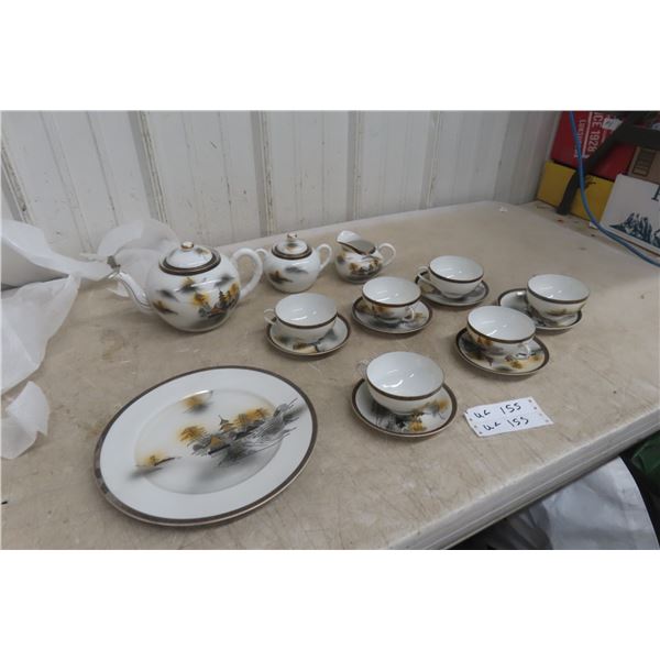 Vintage Japanese Kutani Porcelain Tea Set with Teapot, Cups, Creamer, and Sugar