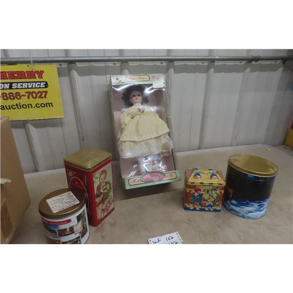 Porcelain Doll In Box, 18 Inches Tall, with Various Tins