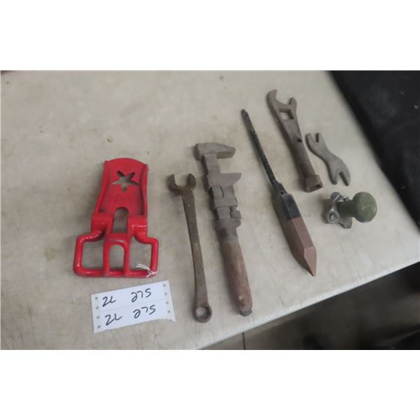 Knuckle Buster Steering Knob And Old Pipe Wrench, Iron