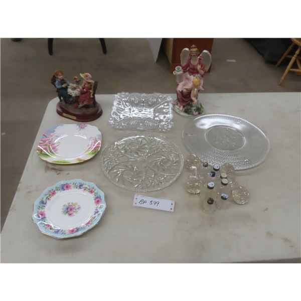 3 Crystal Serving Plates, Royal Albert Cornflower Plate, Porcelain Figures, 4 Sets Salt and Pepper