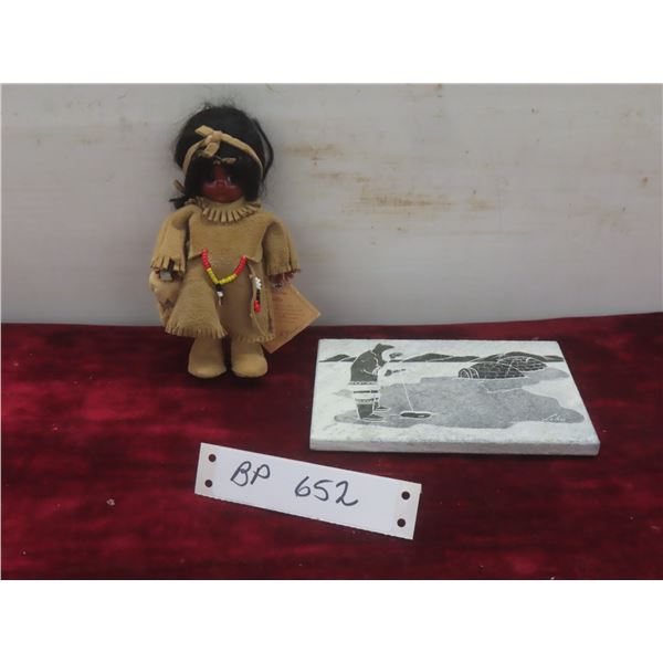 Soapstone Plaque Signed 4" x 6" and Carlson Afterwind Doll 6" Tall