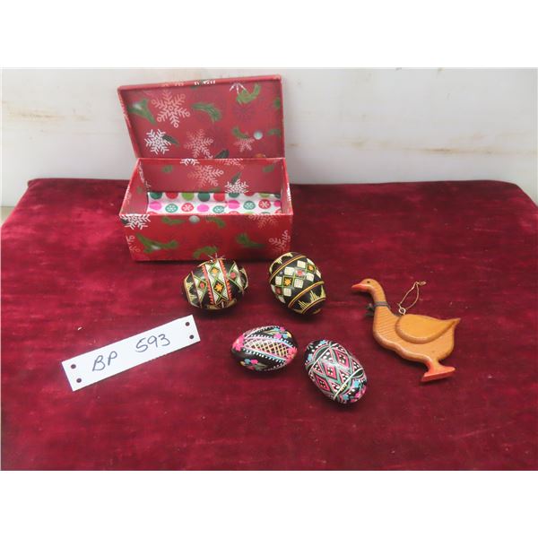 4 Hand Painted Wooden Ukrainian Eggs and Wooden Duck