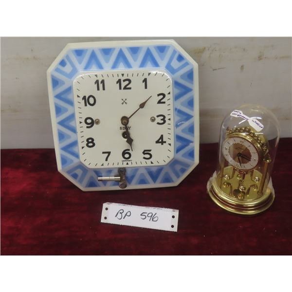 Vintage: German Windup Anniversary Clock 6 1/2"  and Forestville 8 Day Wall Clock With Key, Made in 