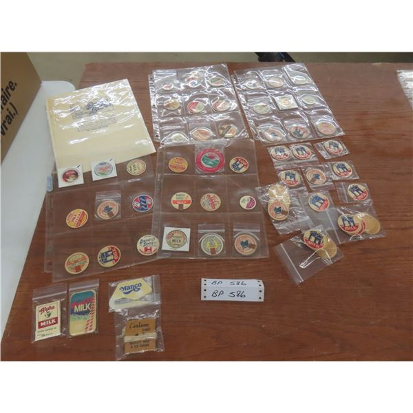 74 Milk and Cream Cardboard Caps With 4 Vintage Police Patches and 1 Blue Sox Patch
