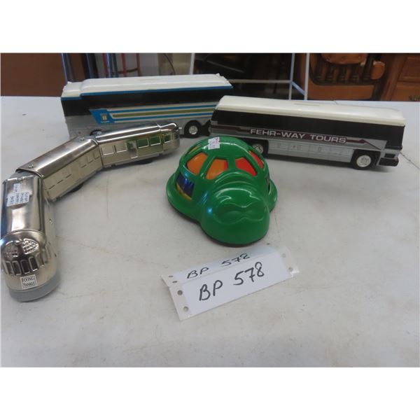 2 Bank Buses MCI and Fehr Way Toys Guidance Toy Japan Crickonkey and Schylling Streamline Windup Tr