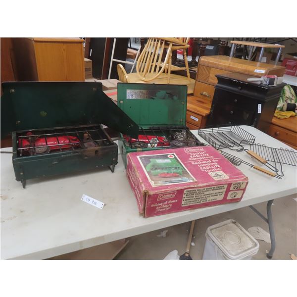 2 Coleman Camp Stoves and 3 BBQ Cooking Racks