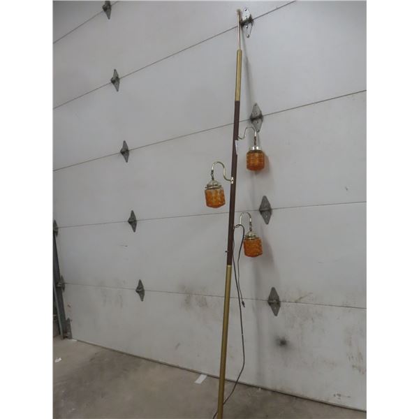 Mid Century Modern Vintage Pole Lamp With 3 Amber Globe Lights