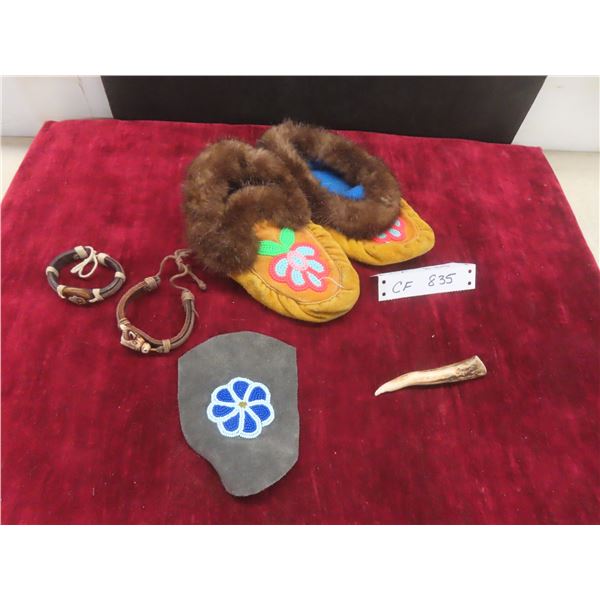 Pair of Beaded Moccasins Sole 8 3/4" With Beaded Leather Pouch, 2 Leather Bracelets, and 4" Bone Pi