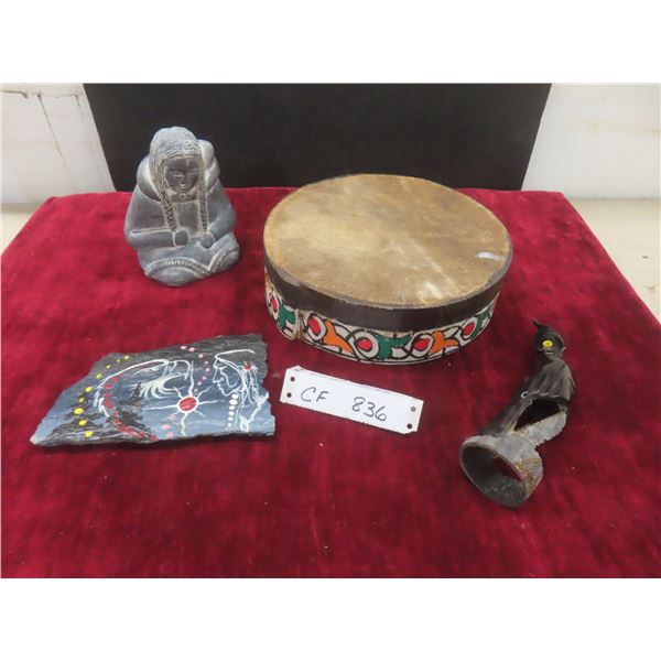 Painted Rock 7" x 4" With Soapstone Style Figure, Bird Figure, and Drum