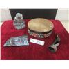 Image 1 : Painted Rock 7" x 4" With Soapstone Style Figure, Bird Figure, and Drum