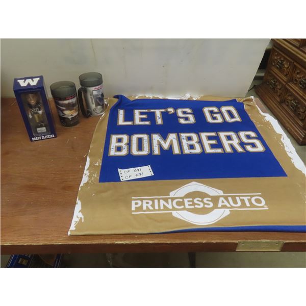 Lets Go Bombers Blanket 60" x 28", Brady Oliveira Bobblehead, 2 Plastic Snap-On Mugs