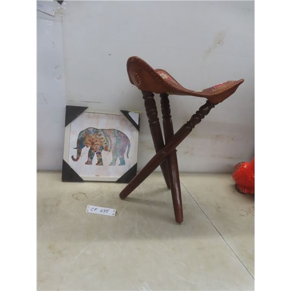 Leather Tooled Tripod Folding Stool With Camel Design and Framed Elephant Picture 13 1/2" x 13 1/2"