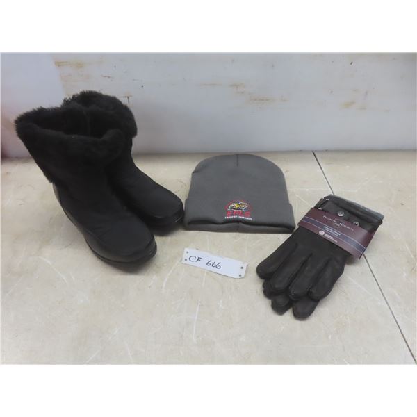 New Ladies Boots With Gripper Size 7, Leather Gloves Size Medium, Toque