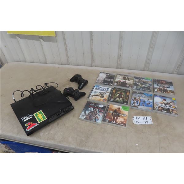 PS3 Video Console, 2 Controllers and 10 Games - Working Condition
